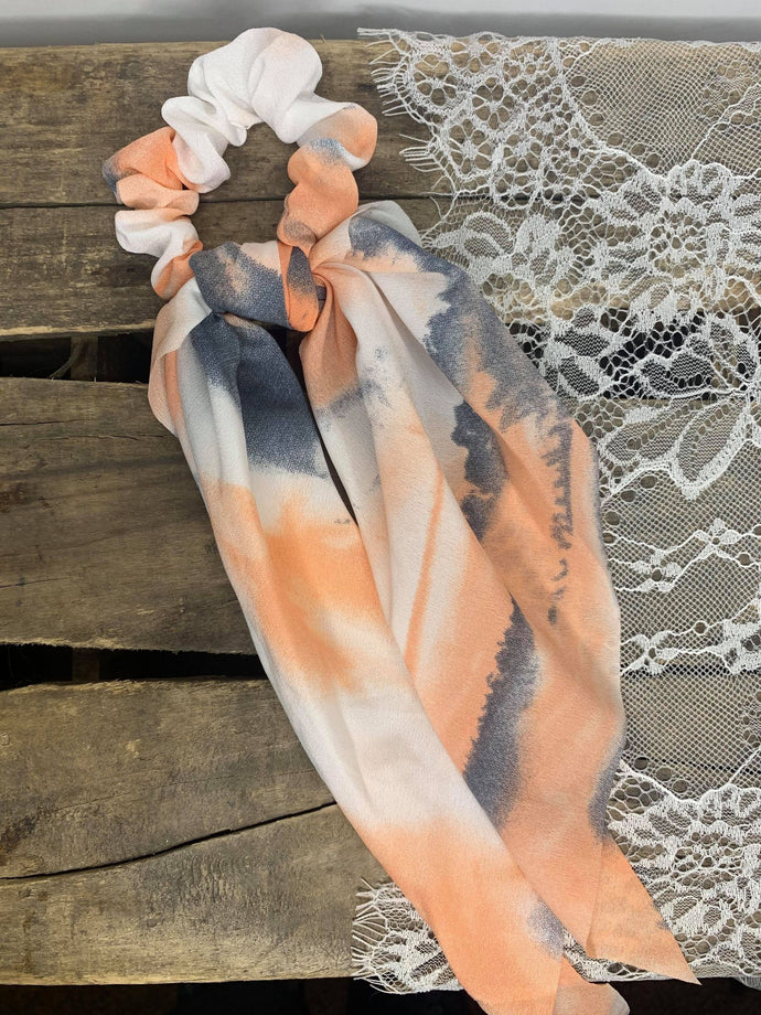 Scrunchie with Tail- Coral & Grey